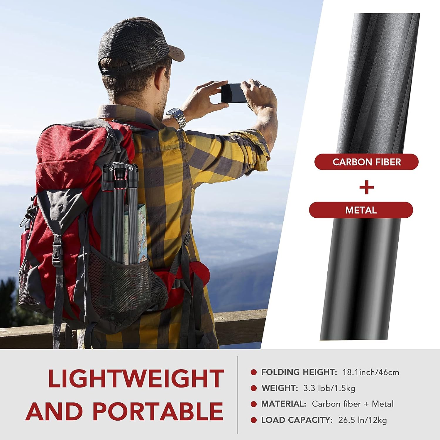 Carbon Fiber Camera Tripod Monopod 3 in 1 with 360 Degree Ballhead Quick Release Plate, Load Up to 26.5lb B1785