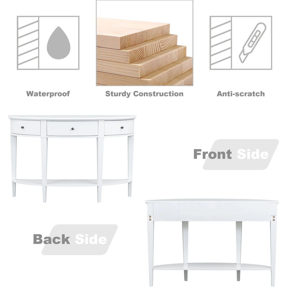 White Curved Console Table with 3 Drawers and Bottom Shelf M718455
