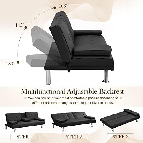 Black Leather Futon Sofa Bed with 2 Cup Holders U86522