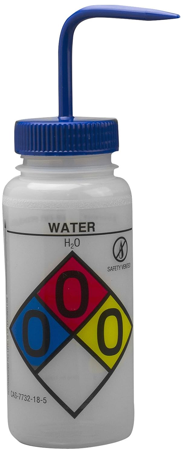 Deionized Water Wash Bottles, 500ml (16oz), Polyethylene, Blue Polypropylene Cap, Pack of 4 F573165