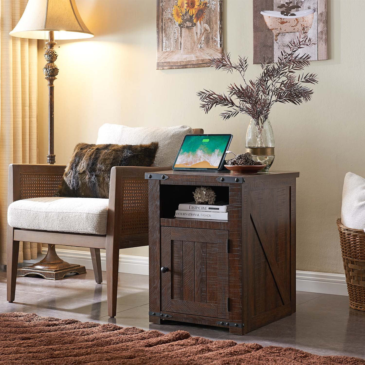 Brown Nightstand with Charging Station, Barn Door, Open Shelf H96834
