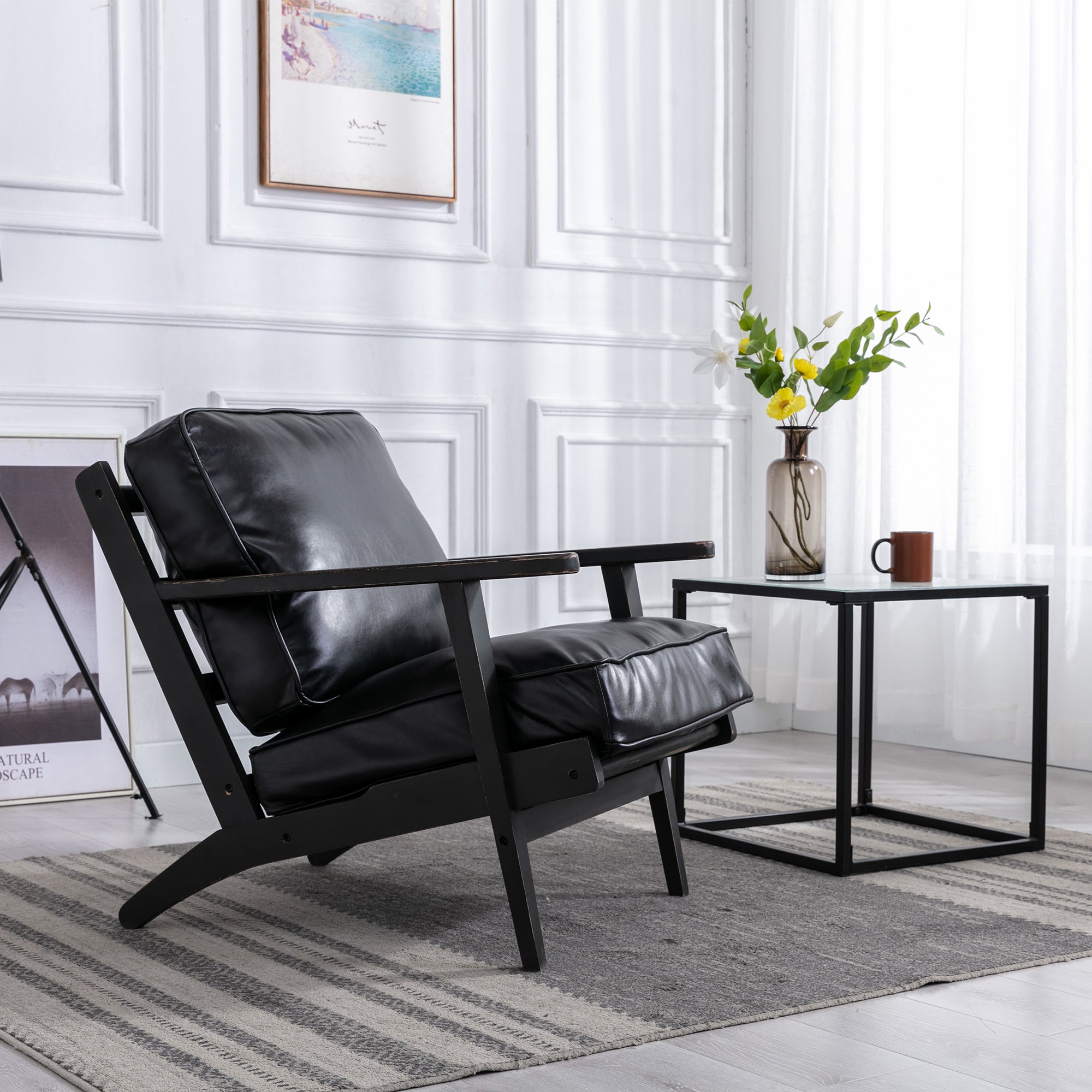 Solid Wood Black PU Leather Accent Arm Chair Q551594