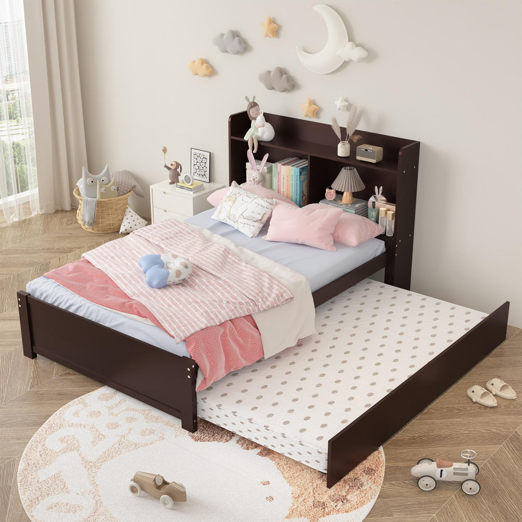 Twin Bed Frame with Trundle and Storage Bookcase, Solid Wood, Espresso Y4333