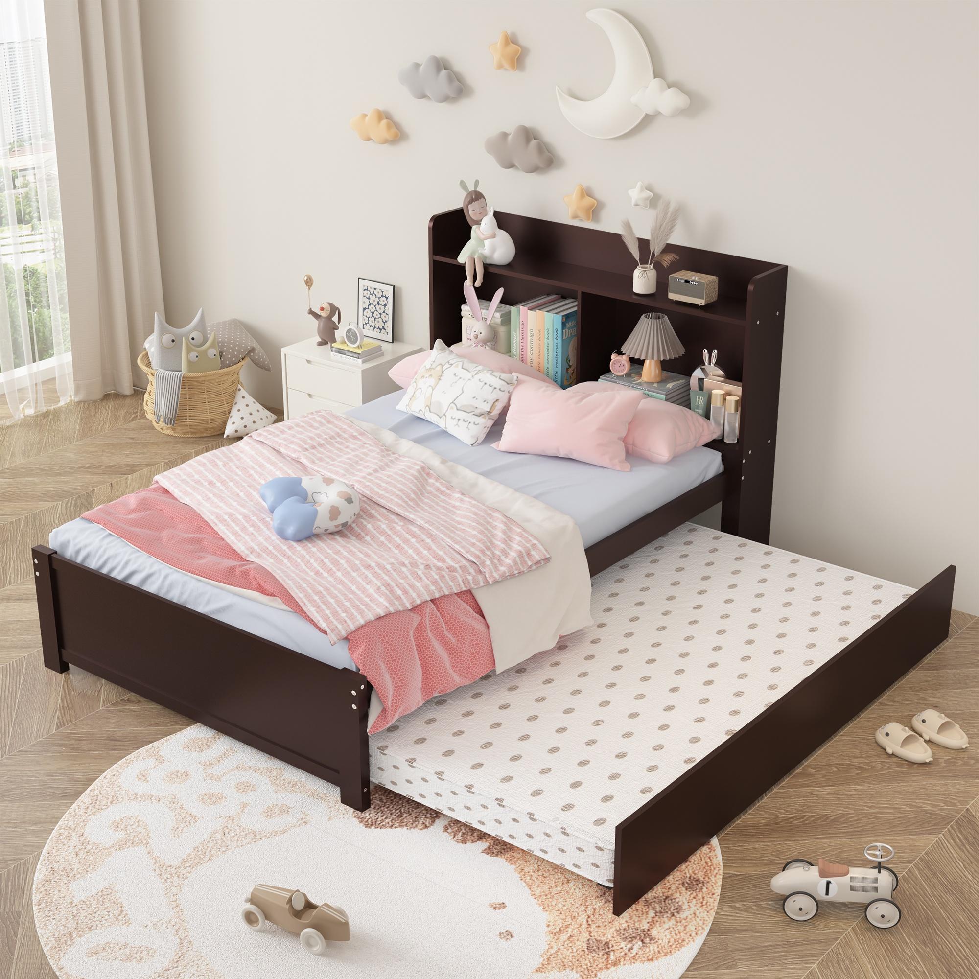Twin Bed Frame with Trundle and Storage Bookcase, Solid Wood, Espresso Y4333