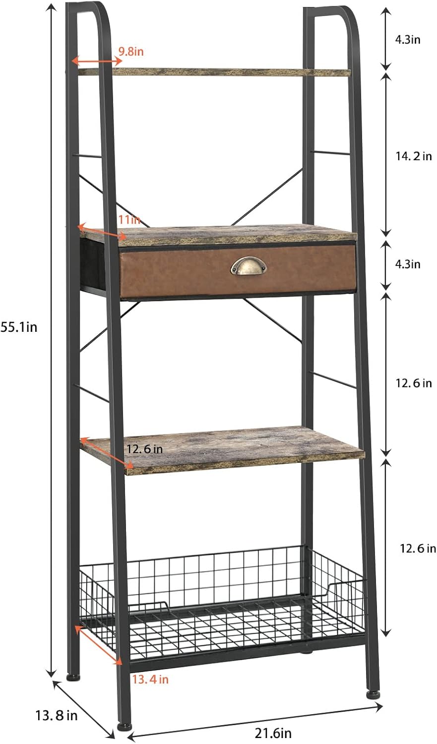 4 Tier Ladder Shelf with Drawer, Iron Frame Bookshelf J3167
