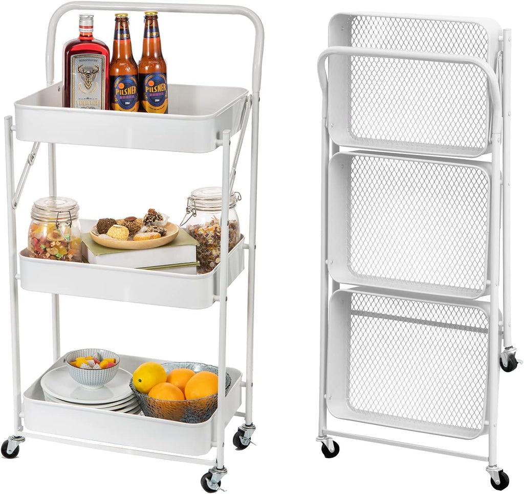 3 Tier Foldable Metal Rolling Cart with Wheels (Pink) A4488