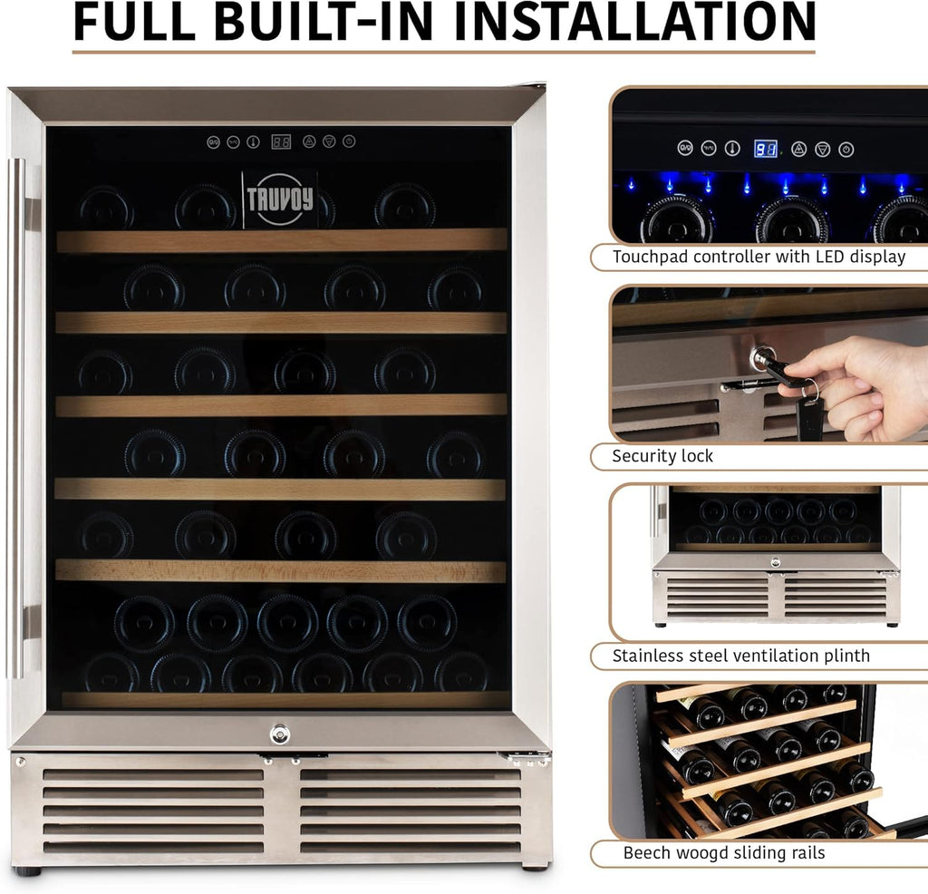 Wine Cooler Refrigerator with Reversible Low UV Glass Door, Touch Thermostat Control with LED Display, Lock, 150L Storage R258363