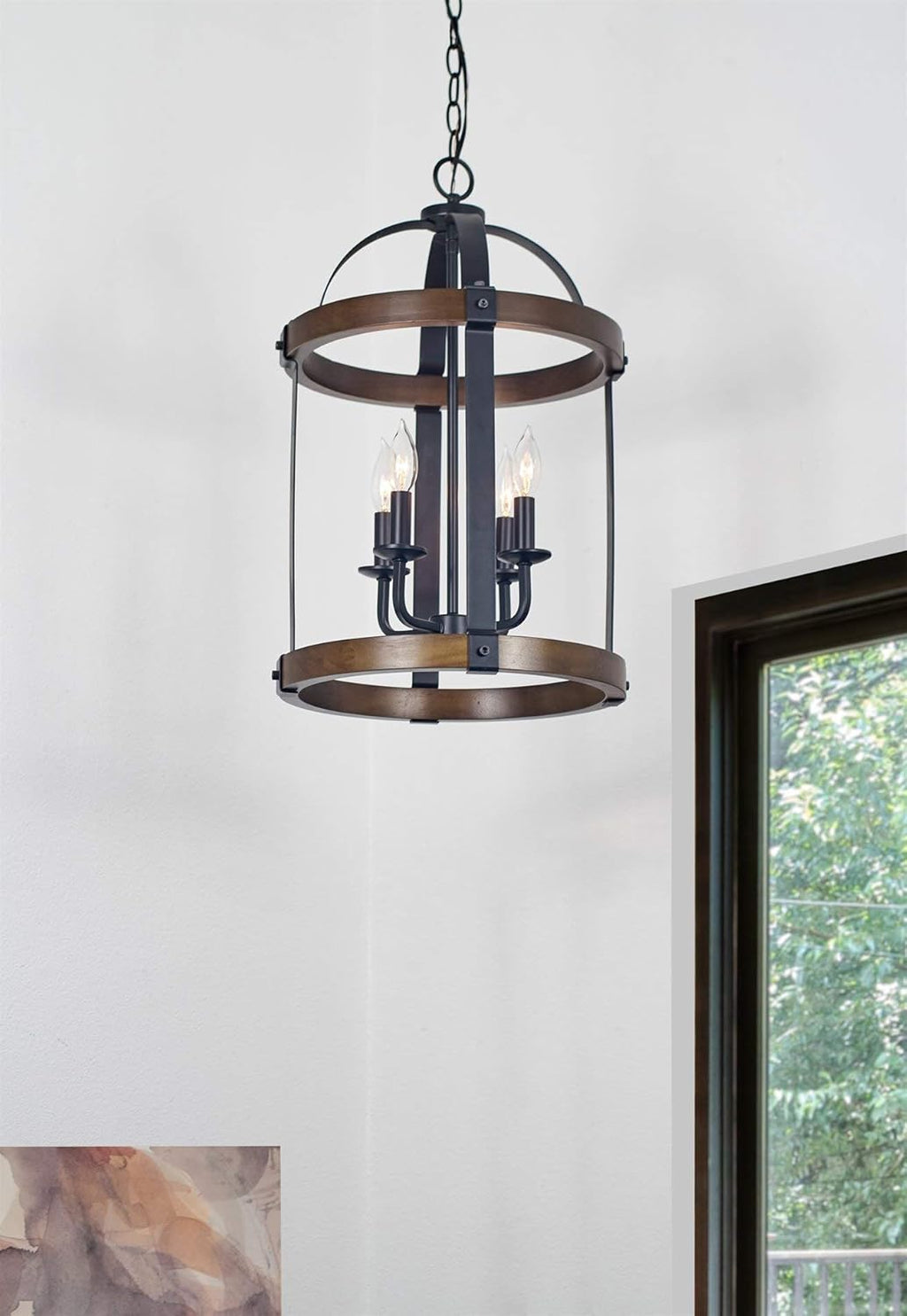 Black 4-Light Rustic Farmhouse Chandelier with Real Wood M509021